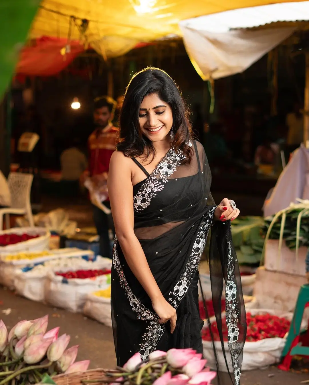 Vasanthi Krishnan Wearing Black Saree Sleeveless Blouse